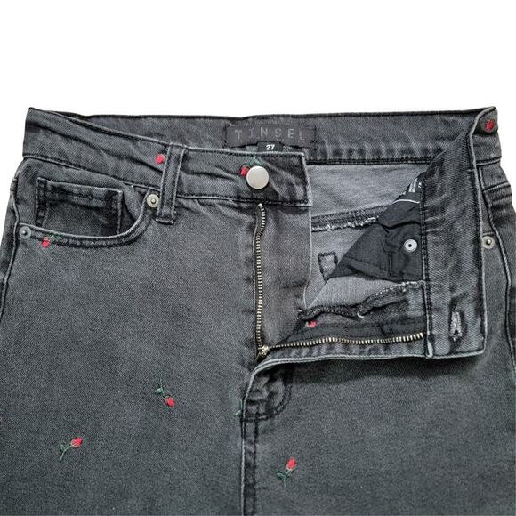 TINSEL DENIM COUTURE Dark Grey Washed Rose Embroidered Jeans Womens 27 Retro - Picture 1 of 14